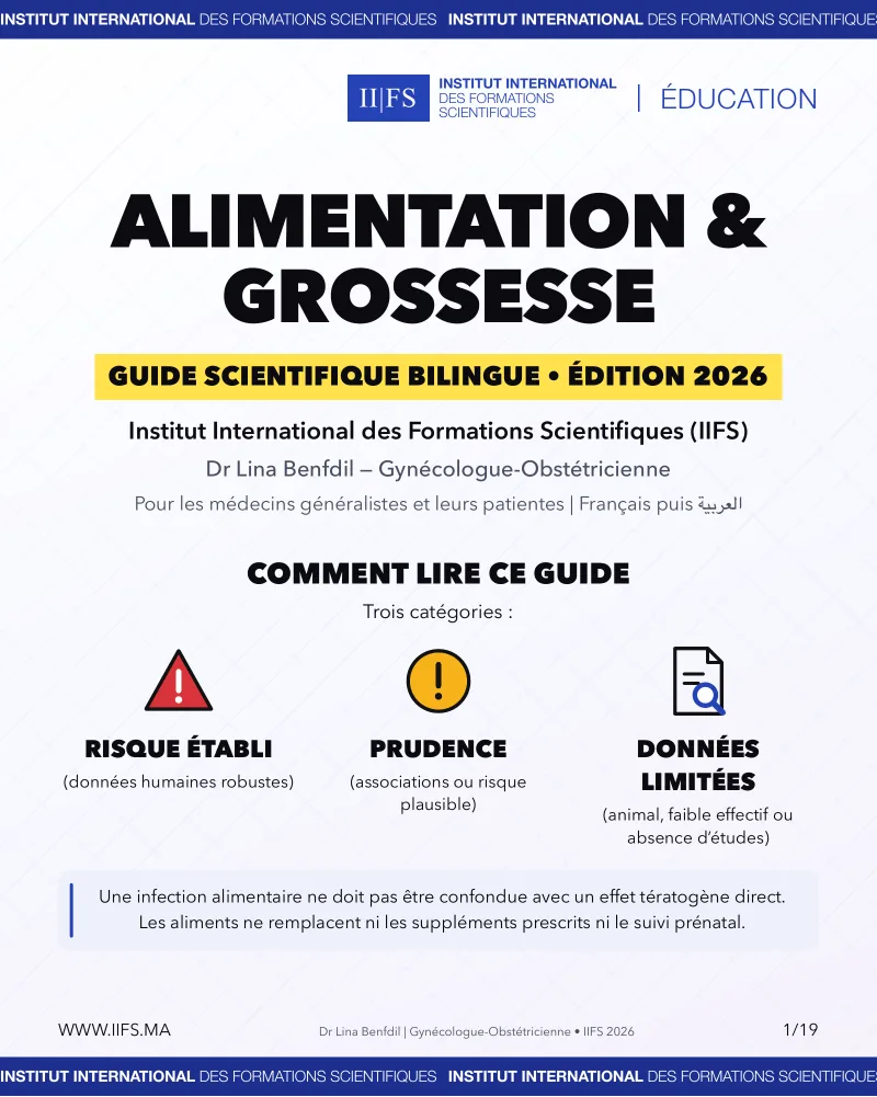 Alimentation et grossesse, guide scientifique bilingue IIFS 2026 par Dr Lina Benfdil, gynécologue-obstétricienne — comment lire ce guide : risque établi, prudence, données limitées