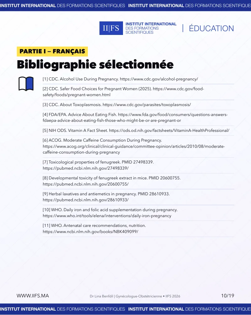 Bibliographie sélectionnée du guide alimentation et grossesse : CDC, FDA, NIH, ACOG, OMS