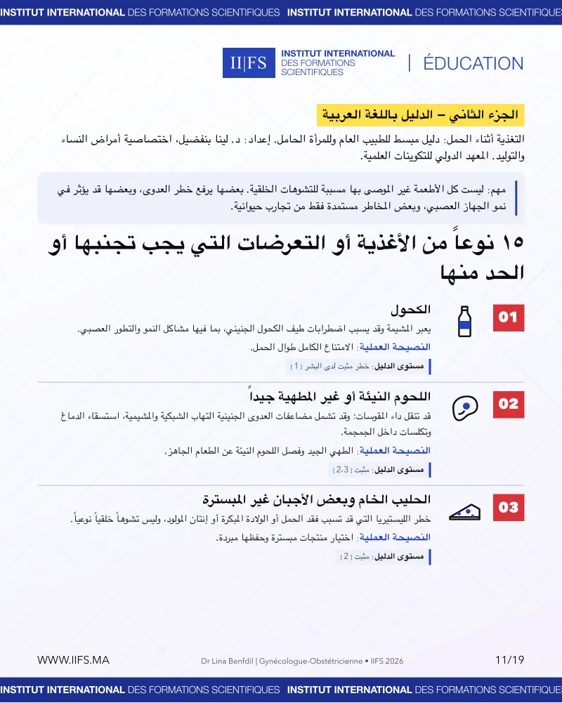 Partie en arabe : 15 aliments ou expositions à éviter pendant la grossesse — alcool, viande crue, lait cru et fromages non pasteurisés
