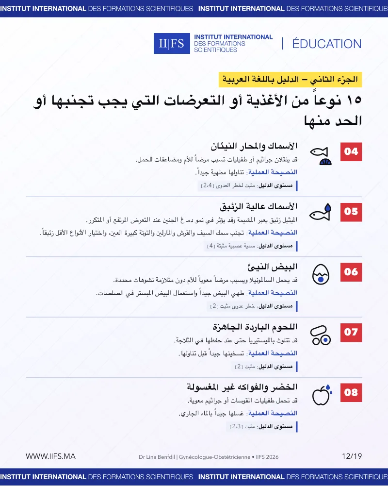 Partie en arabe : poissons et coquillages crus, poissons riches en mercure, œufs crus, charcuteries, fruits et légumes mal lavés
