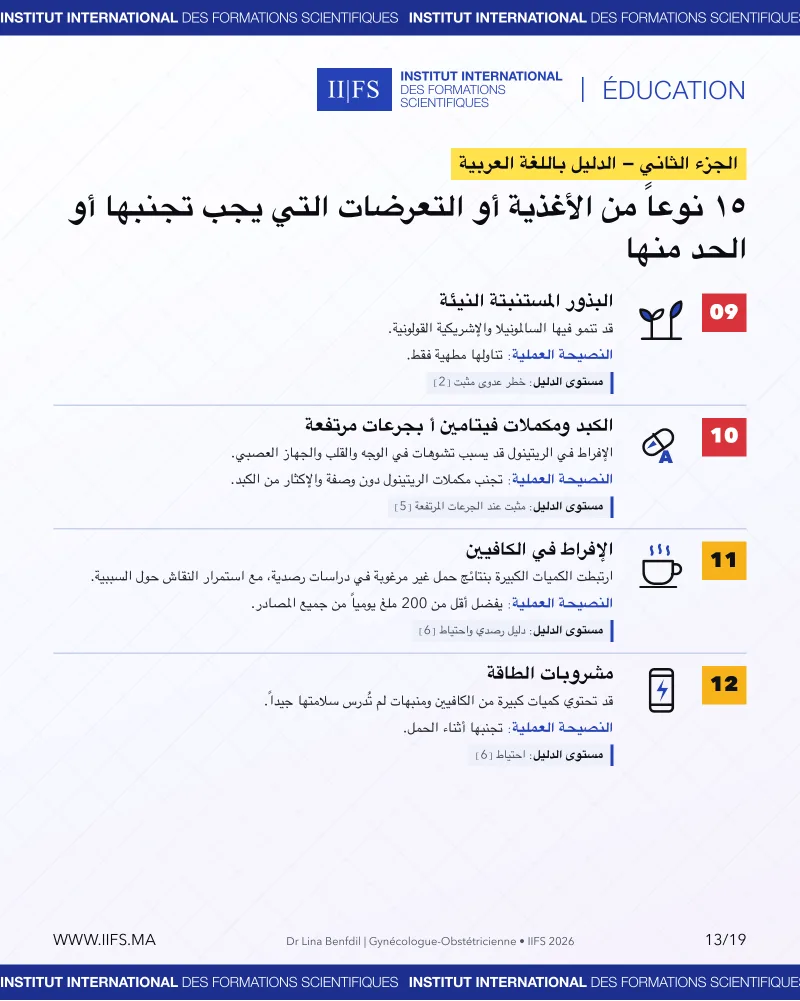 Partie en arabe : graines germées crues, foie et vitamine A, caféine, boissons énergisantes