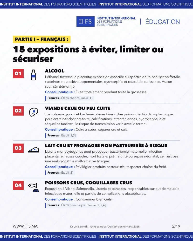 15 expositions à éviter pendant la grossesse : alcool, viande crue ou peu cuite, lait cru et fromages non pasteurisés, poissons et coquillages crus