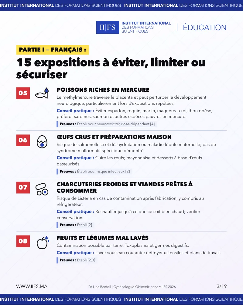 Expositions à éviter pendant la grossesse : poissons riches en mercure, œufs crus, charcuteries froides, fruits et légumes mal lavés