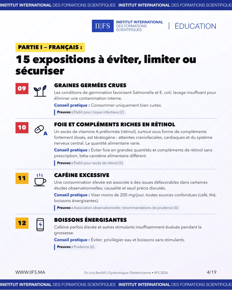 Expositions à limiter pendant la grossesse : graines germées crues, foie et compléments riches en rétinol, caféine excessive, boissons énergisantes