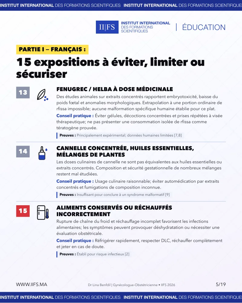 Expositions à sécuriser pendant la grossesse : fenugrec (helba) à dose médicinale, cannelle concentrée et huiles essentielles, aliments mal conservés ou mal réchauffés