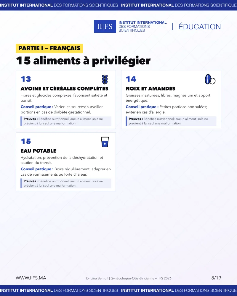 Aliments à privilégier pendant la grossesse : avoine et céréales complètes, noix et amandes, eau potable