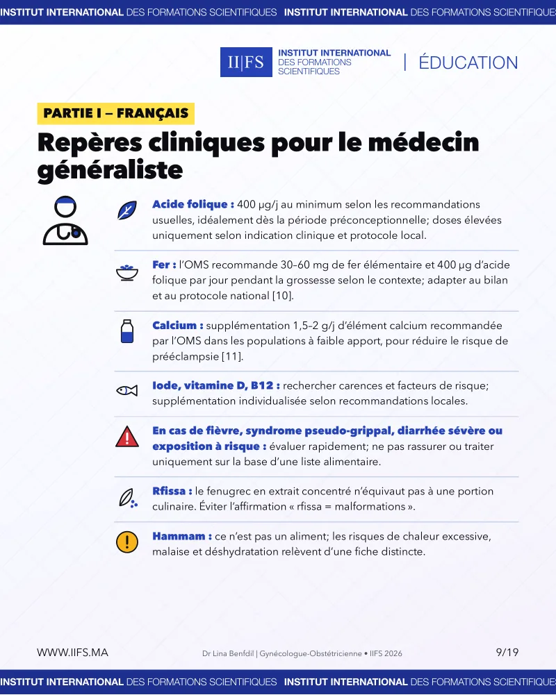 Repères cliniques pour le médecin généraliste : acide folique, fer, calcium, iode, vitamine D et B12, signes d’alerte, rfissa et hammam